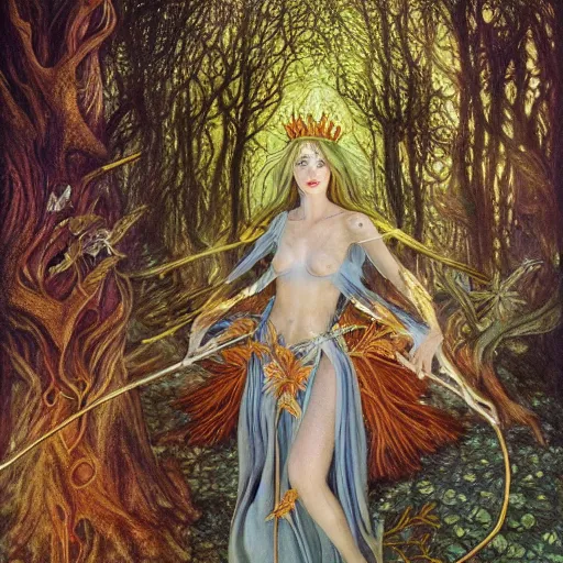 Prompt: fey queen of the summer forest, dress of leaves, fine features, holding a golden scepter, thin, young, silver shimmering hair, by brian froud, dusk scene, night colors, oil on canvas, oil panting