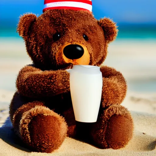 Prompt: teddy bear wearing a beach hat and sunglasses, at the beach, holding a drink