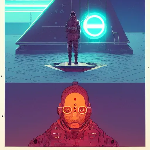 Image similar to a cyberpunk explorer meditating next to a floating triangular glowing monolith with one eye, highly detailed, midnight, by josan gonzalez and victo ngai and moebius