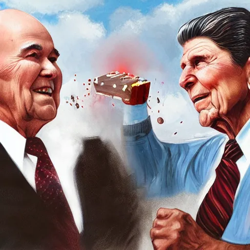 Prompt: Ronald Reagan and Mikhail Gorbachev destroying a large wall using hammers, digital art, trending on artstation, highly detailed