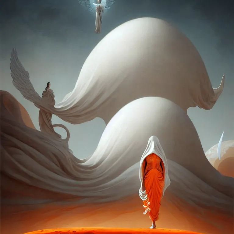 Image similar to one lone singular swirling otherworldly angelic figure shrouded in orange robes emerges from extensive barren white dunescape, gigantic ancient head sculpture, matte painting by peter mohrbacher and filip hodas, background basilica! sacre coeur, godrays, high contrast, highly detailed