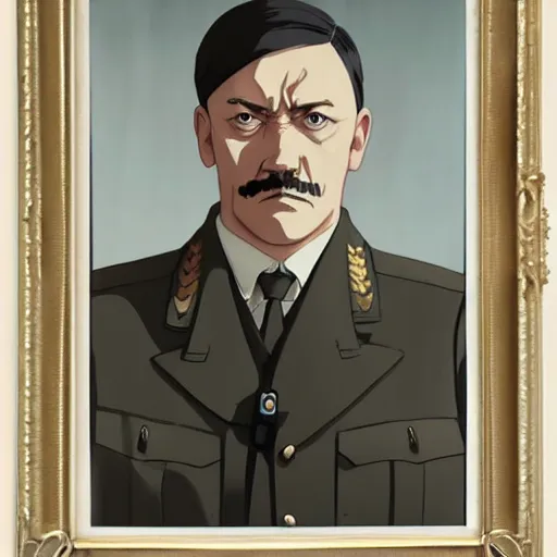 Image similar to a film still portrait of hitler, medium shot, finely detailed features, cinematic lighting, anime key visual, trending on pixiv fanbox, painted by makoto shinkai, studio ghibli, greg rutkowski, wlop