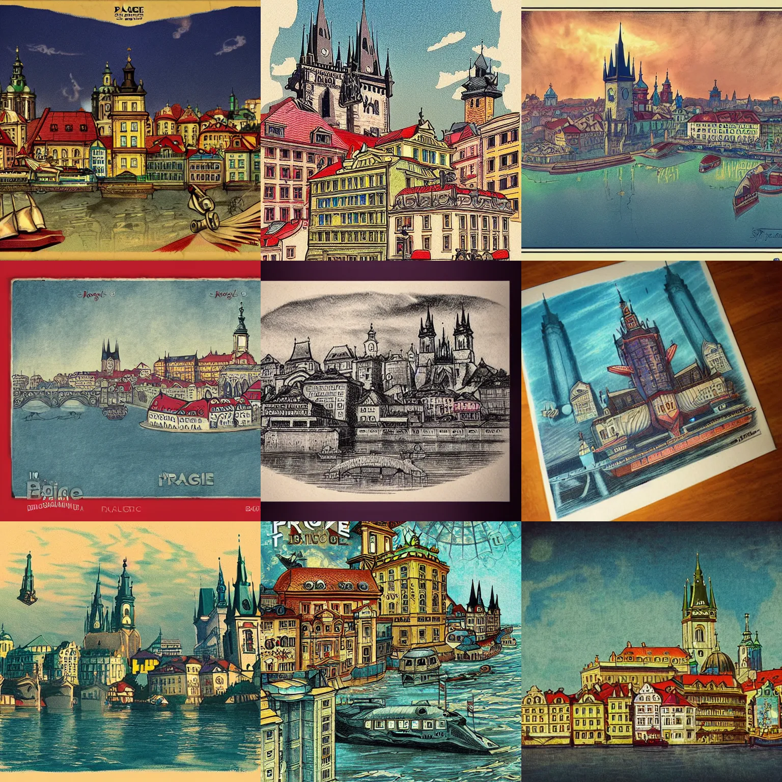 Prompt: Prague as a floating city from Bioshock Infinite, vintage drawing, highly detailed, colorful,