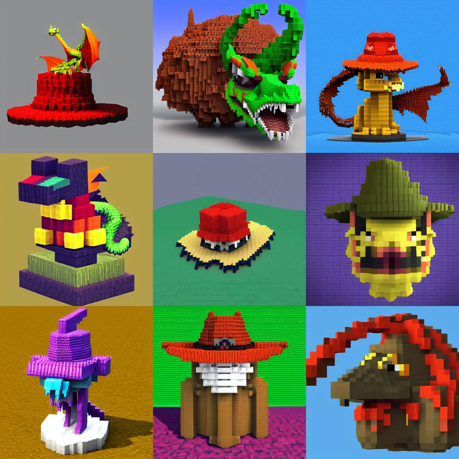 Prompt: A dragon with a hat, voxel art, in the style of Alvah Virals