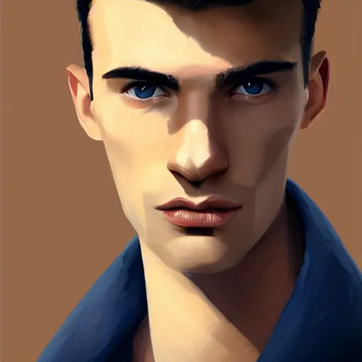 Prompt: tall man in his twenties with brown blond short quiff hair and thin slightly round facial structure with cleft chin, straight eyebrows and prominent nose and shadow of beard, good definition of cheekbones, big hazel nut brown eyes, narrow face, slim body, atmospheric lighting, painted, intricate, 4 k, highly detailed by charlie bowater