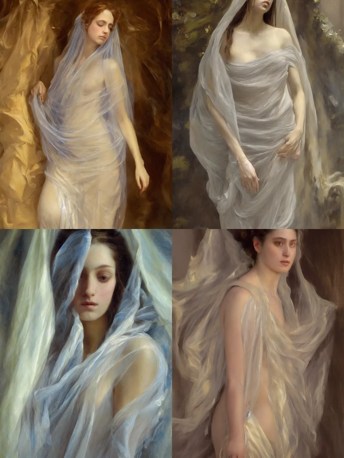 Prompt: loose painting of a sad fragile beautiful veiled girl covered in translucent flowing dress, endless flowing ethereal drapery, classical greece, alla prima, oil painting, by giovanni strazza, sargent and raffaelo monti, arranged in the golden ratio, epic composition, face fully visible, trending in artstation