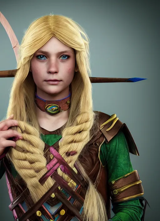 Image similar to An epic fantasy comic book style portrait painting of a young girl with long blonde hair and blue eyes. Wearing brown, green and pink leather tribal combat clothes. She is holding hunting bow. Unreal 5, DAZ, hyperrealistic, octane render, cosplay, RPG portrait, dynamic lighting