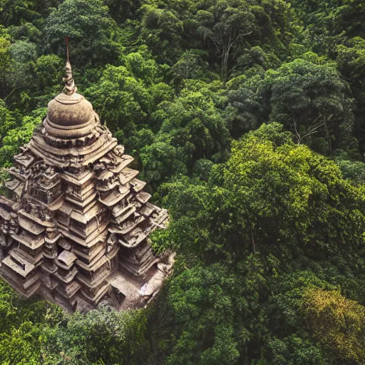 Image similar to aerial realistic film photograph of india tribe in jungle with strange temple