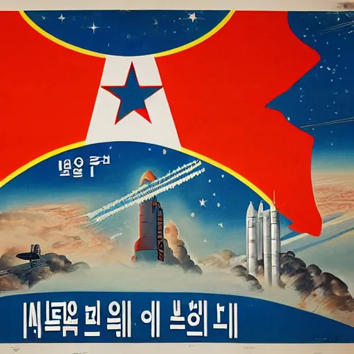 Image similar to [North Korean space mission, 1950 poster, very detailed, cinematic lighting, matte, sharp, photography]