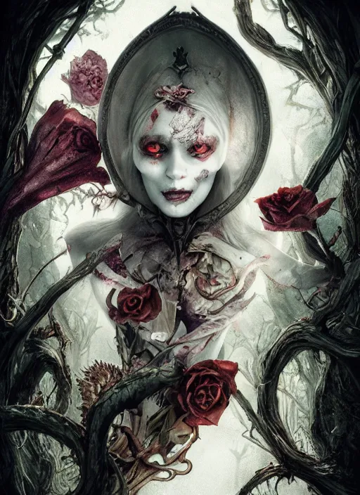 Image similar to Alice in Wonderland White Rabbit Death Tarot card,highly detailed,half skull face,cinematic,8k,by Stanley Artgermm,Tom Bagshaw,Greg Rutkowski,Carne Griffiths, Ayami Kojima, Beksinski, Giger,trending on DeviantArt,hyper detailed,horror, full of colour