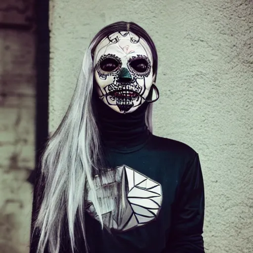 Prompt: very cool girl brilliant silver hair girl wearing a silver sugar skull mask techwear cyberpunk style outfit full body nose piercing detailed portrait intricate comp