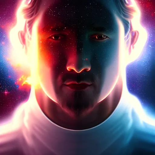 Image similar to an ultrarealistic portrait of a man with space nebulaes replacing his face trending on artstation and cgsociety made by hubble