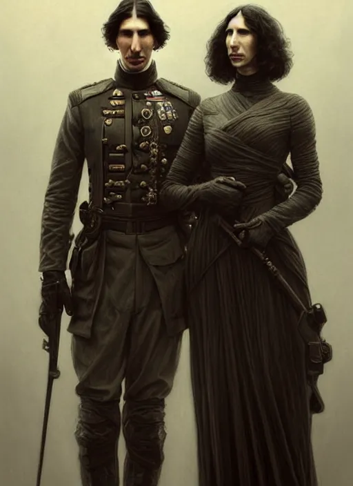 Image similar to portrait of two people, john oliver, adam driver, standing together, stoic, full body, military uniform, fantasy, intricate, elegant, beautiful, highly detailed, charcoal, centered, dark, smokey, digital painting, artstation, concept art, smooth, sharp focus, illustration, art by artgerm and greg rutkowski and alphonse mucha