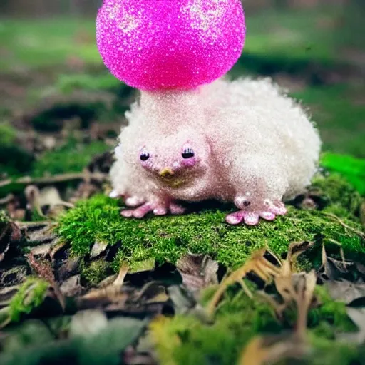 Image similar to an aesthetically pleasing fluffy fuzzy curly furred strawberry cow in a cottagecore mushroom filled forest with a tiny green frog sitting on a toadstool, pink fog, glitter, sparkles and shimmers, ambient occlusion, God rays, national goegraphic