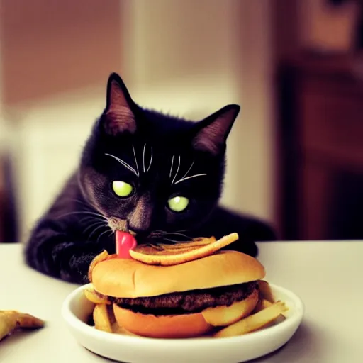 Image similar to cat eating a hamburger