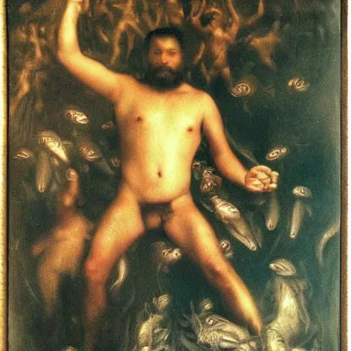 Prompt: by bill henson, by pierre - auguste renoir dark exciting. a mixed mediart of a mythological scene. large, bearded man seated on a throne, surrounded by sea creatures. he has a trident in one hand & a shield in the other. behind him is a large fish. in front of him are two smaller creatures.