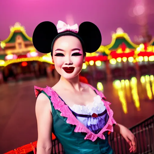 Prompt: beautiful bald chinese woman with pinup makeup wearing disneyland mouse ears standing in front of the disneyland castle at night, oil painting, highly detailed, theatrical lighting, sharp focus