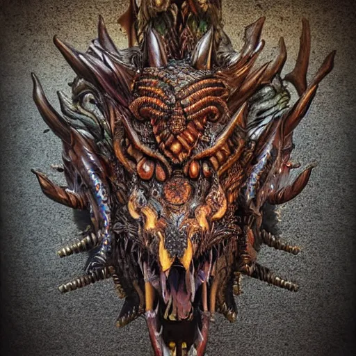 Image similar to a portrait of a dragon made of wood, detailed, fantasy, scary, realistic, frightening, ornate, horns, spikes, fluorescent colors