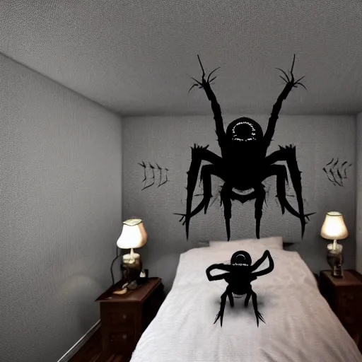 Image similar to picture of bedroom ceiling with spider monster elon musk crawling on ceiling, horror, cryptid, monster, horror, black, dark, horror,