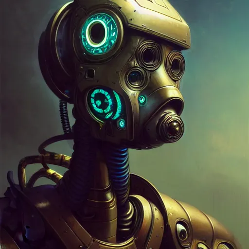 Image similar to low angle shot of a cyberpunk gazmask robot character, intricate, elegant, highly detailed, centered, digital painting, artstation, concept art, smooth, sharp focus, illustration, artgerm, Tomasz Alen Kopera, Peter Mohrbacher, donato giancola, Joseph Christian Leyendecker, WLOP, Boris Vallejo