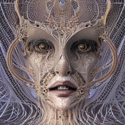 Image similar to beatifull frontal face portrait of a woman, mandelbrot fractal, symmetric, intricate, elegant, highly detailed, ornate, ornament, sculpture, elegant , luxury, beautifully lit, ray trace, octane render in the style of peter Gric and alex grey