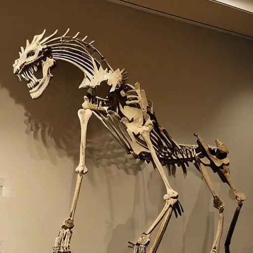 Prompt: a fossilized griffin skeleton, museum photo