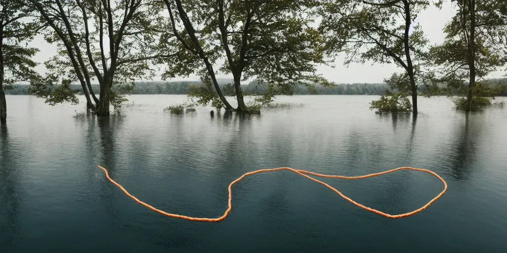 Image similar to centered photograph of a infinitely long rope zig zagging snaking across the surface of the water into the distance, floating submerged rope stretching out towards the center of the lake, a dark lake on a cloudy day, color film, trees in the background, hyper - detailed photo, anamorphic lens