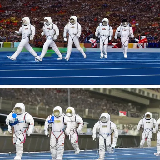 Image similar to 5 space astronauts in spacesuits running in a relay race in a stadium, each astronaut in different colors, olympic relay race. athens games