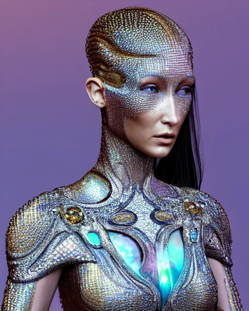 Image similar to a highly detailed metahuman 4 k close up render of an alien goddess bella hadid as jesus christ in iris van herpen dress schiaparelli in diamonds crystals swarovski and jewelry iridescent in style of alphonse mucha gustav klimt trending on artstation made in unreal engine 4