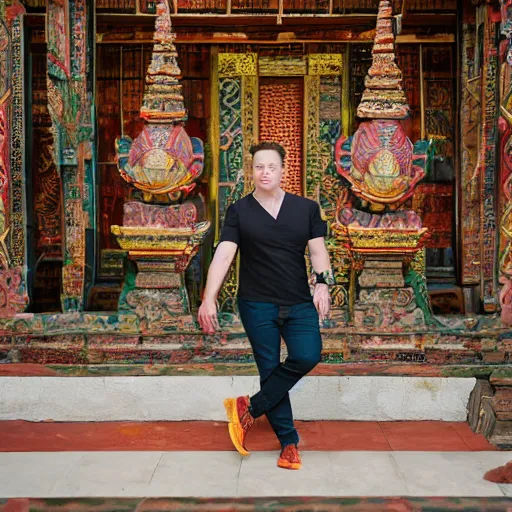 Prompt: A Photo Portrait of elon musk Wearing Indonesian Batik at a fancy Balinese temple, award winning photography, sigma 85mm Lens F/1.4, blurred background, perfect faces