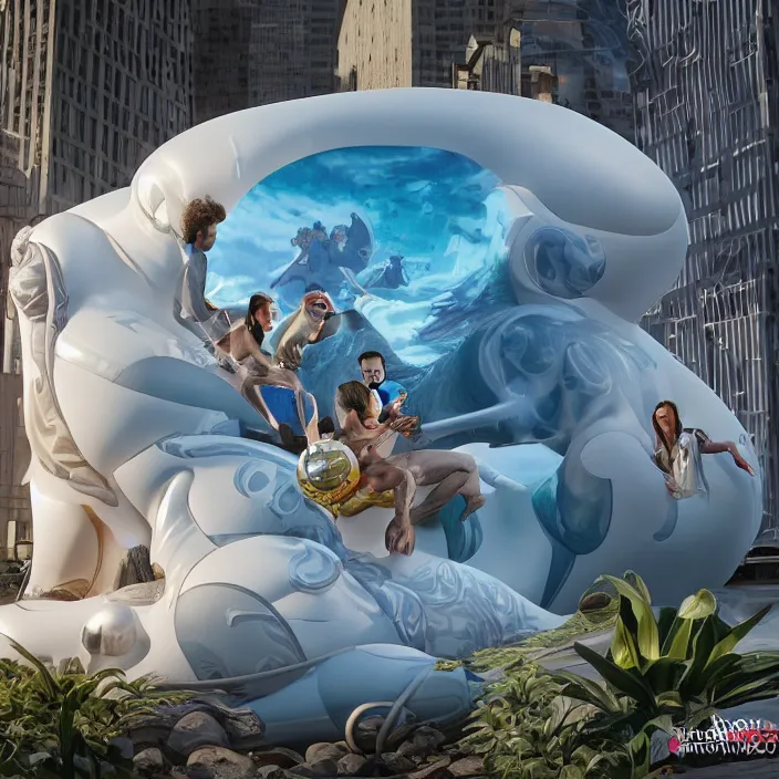 Image similar to minimal modernist jeff koons bauhaus style neverending story inflatable pool floats, ultra realistic, concept art, intricate details, serious, highly detailed, photorealistic, octane render, 8 k, unreal engine, art by todd mcfarlane and artgerm and greg rutkowski and alphonse mucha