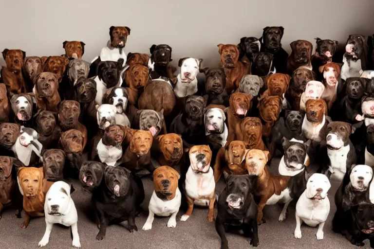 Prompt: a living room full of pit bulls that are facing directly into the camera