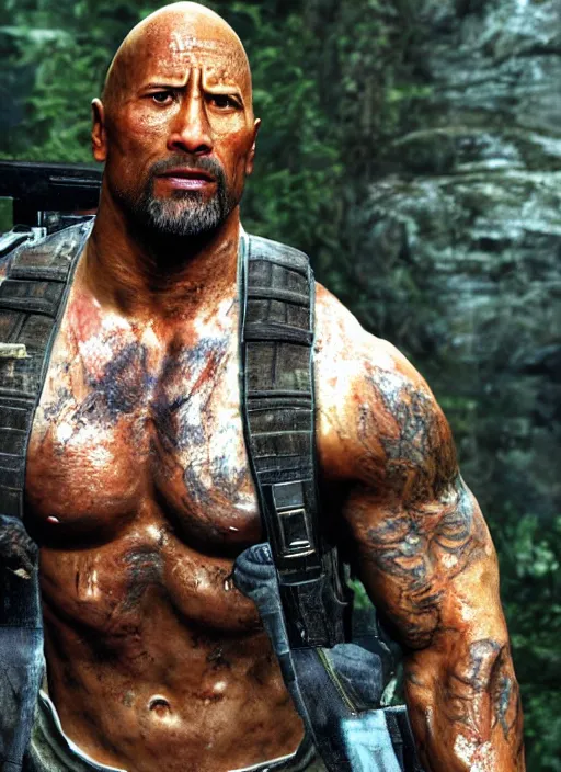 Image similar to dwayne johnson in the last of us, gameplay screenshot, close up, 3 d rendering. unreal engine. amazing likeness. very detailed.