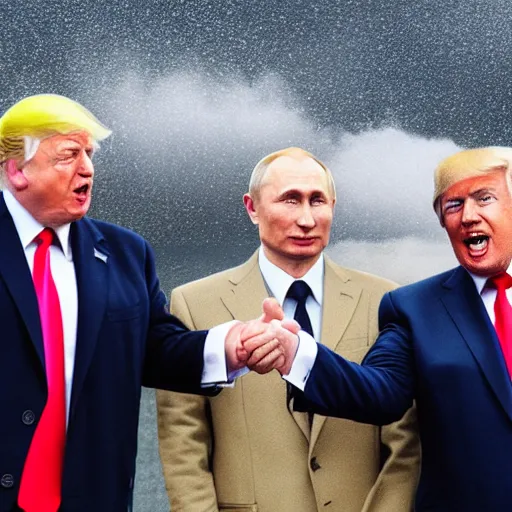 Image similar to boris johnson, vladimir putin and donald trump holding hands, raining dollars, oil field background, 4 k, dslr photo, realistic, accurate