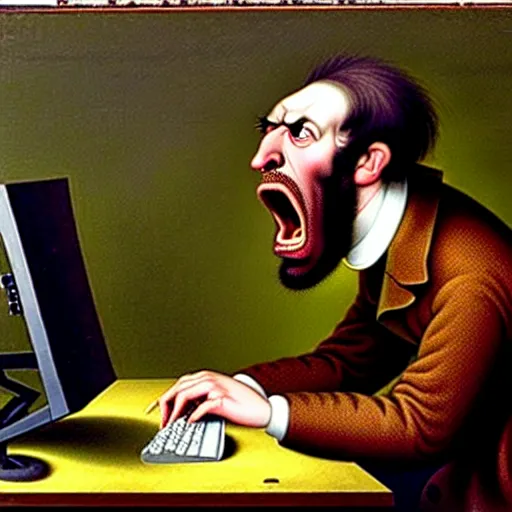 Image similar to an angry man yells at his computer monitor, oil on canvas, 1 8 8 3, highly detailed
