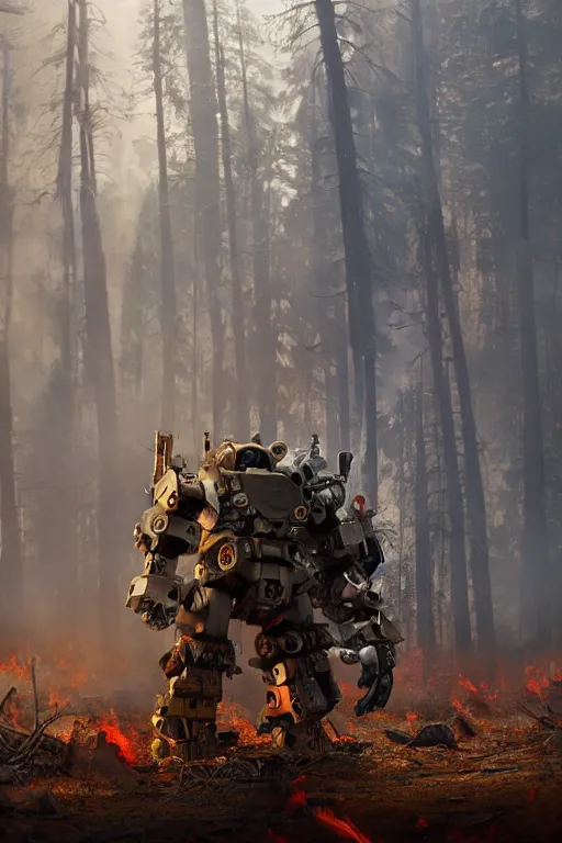 Prompt: giant mech teddybear robot walking through burning forest, dystopian, sci-fi, extremely detailed, digital painting, sculpted in zbrush, artstation, smooth, sharp focus, illustration, chiaroscuro lighting, golden ratio, incredible art, artgerm