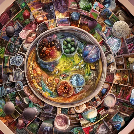 Prompt: multiverse [ within bowl ]!!! resting on table, trending on artstation, cgsociety, [ overhead view ]!!, 4 k quality, intricately defined, professional photography, complexly detailed, polycount