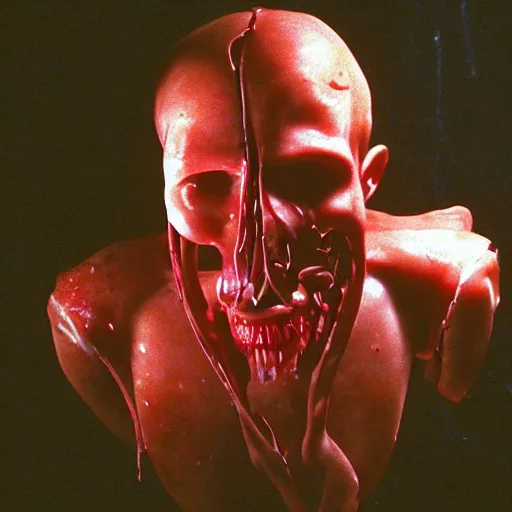 Prompt: filmic extreme wide shot dutch angle movie still 35mm film color photograph of a doctor with his head severed in half, sliced in half at the mouth, dripping blood, in the style of anatomy photography