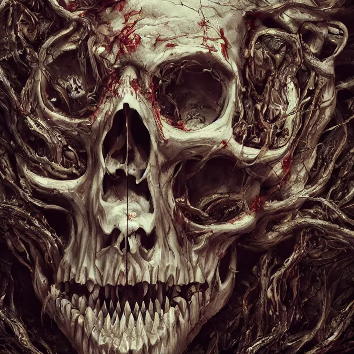 Image similar to portrait of a melting skull. razor sharp teeth. infected with zombie fungus. intricate abstract. intricate artwork. nightmare fuel. by Tooth Wu, wlop, beeple, dan mumford. octane render, trending on artstation, greg rutkowski very coherent symmetrical artwork. cinematic, hyper realism, high detail, octane render, 8k, iridescent accents