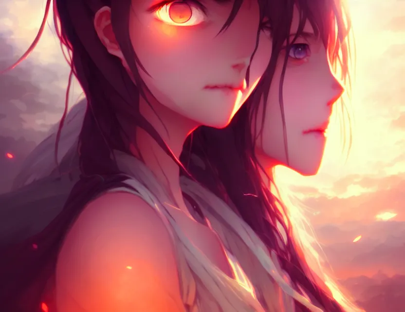 Image similar to the light of the ages rests of her shoulders, and her eyes are filled with sadness, by nashimanga, anime illustration, anime key visual, beautiful anime - style digital painting by wlop, amazing wallpaper