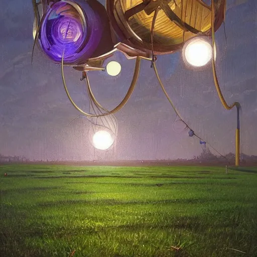 Image similar to a beautiful painting by thomas brom trending on artstation A farm of disco balls, by beeple and james gurney trending onartstation A supersonic irrigation device invented in the woodmarked plain