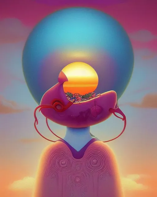 Prompt: yabayaba oobigoogi, a surrealist painting by naoto hattori, sunset, by beeple, symmetry, by makoto shinkai and lois van baarle, trending on deviantart, pop surrealism, groovy, whimsical