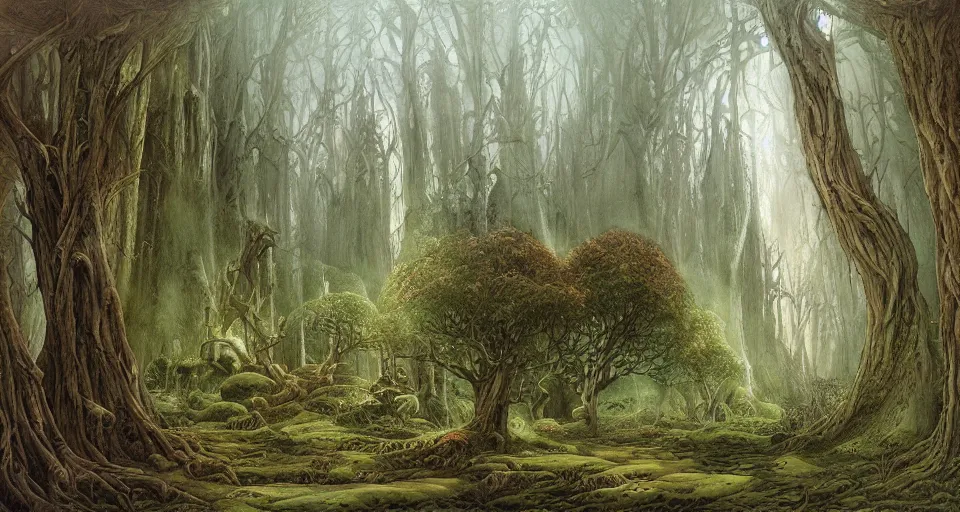 Prompt: Enchanted and magic forest, by john howe