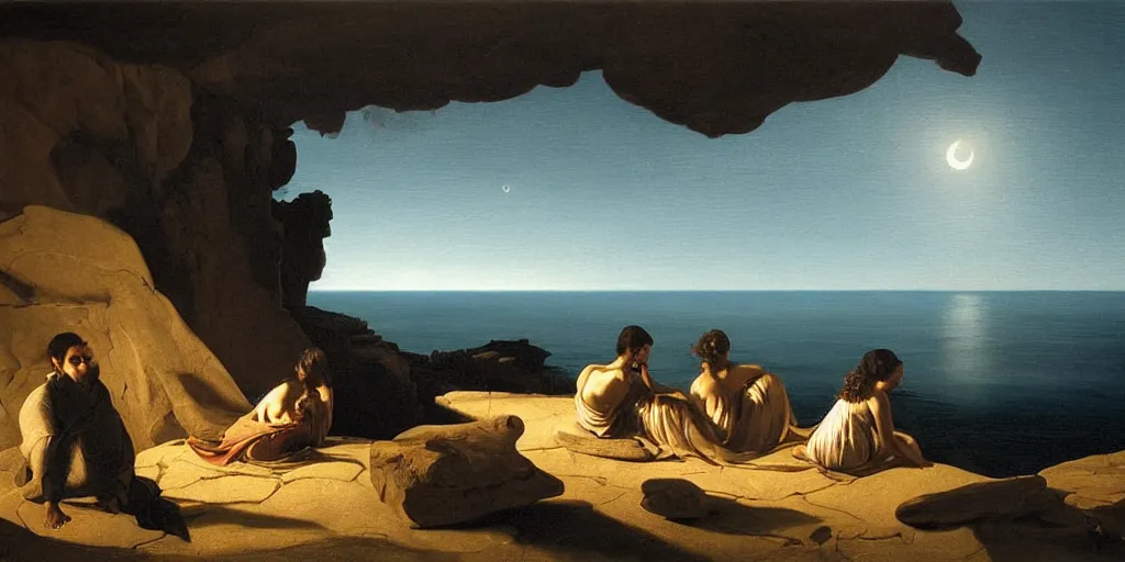 Image similar to beautiful oil matte portrait painting, people watching the stars at night on a portuguese cliff beach, wonderful masterpiece highly detailed, beautiful cinematic light deep focus, elegant, digital painting, smooth, sharp focus, golden ratio, dramatic illumination, ultra realistic, 8 k, art by artemisia lomi gentileschi and caravaggio