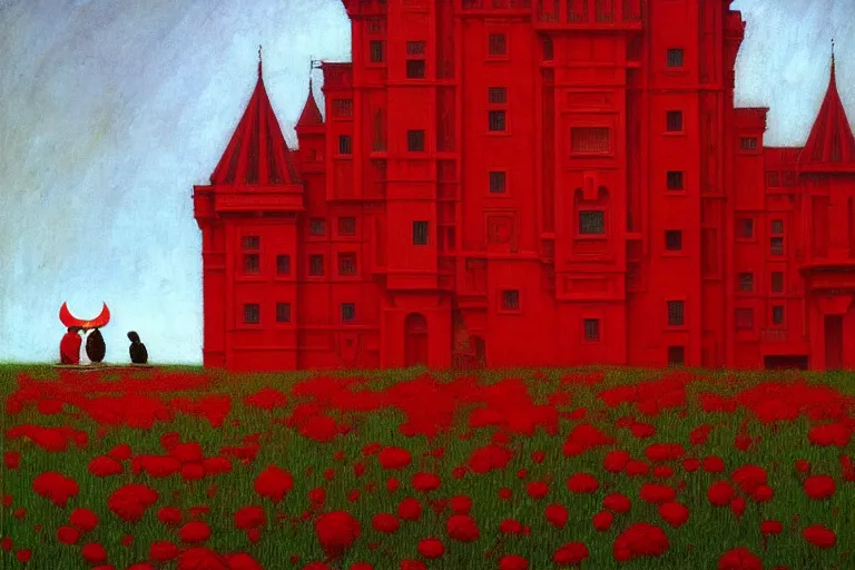 Image similar to only with red, red flowers of different types, red castle in background, red medieval goblins, in the style of beksinski, parts by edward hopper, parts by rodcenko, parts by yue minjun, intricate and epic composition, red by caravaggio, insanely quality, highly detailed, masterpiece, red light, artstation, 4 k