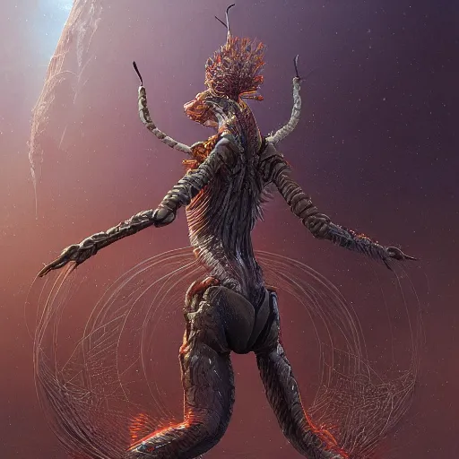 Prompt: A detailed intricate painting of an anthropomorphic ant queen standing on her hind legs with large legs looking forward, stars in the background, formian pathfinder, digital art 4k, Wayne Barlowe Greg Rutkowski