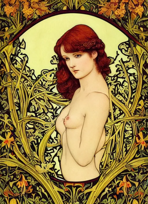 Prompt: masterpiece beautiful seductive flowing curves pinup pose preraphaelite face portrait photography, extreme close up shot, straight bangs, thick set features, yellow ochre ornate medieval dress, amongst foliage mushroom forest circle arch, william morris and kilian eng and mucha, framed, 4 k