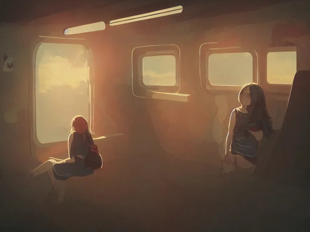 Prompt: lone girl waiting inside a 70s train, dreamy, stanley kubrick the shinning, vibrant colors americana, cinematic, volumetric lighting, god rays, sunset, realistic, detailed, digital art, studio ghibli anime