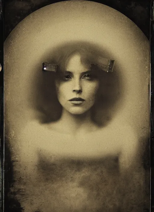 Image similar to old wetplate daguerreotype portrait of the birth of a female super hero, explosion of data fragments, fractal, intricate, elegant, highly detailed, parallax, leica, medium format, subsurface scattering, by jheronimus bosch and greg rutkowski and louis jacques mande daguerre