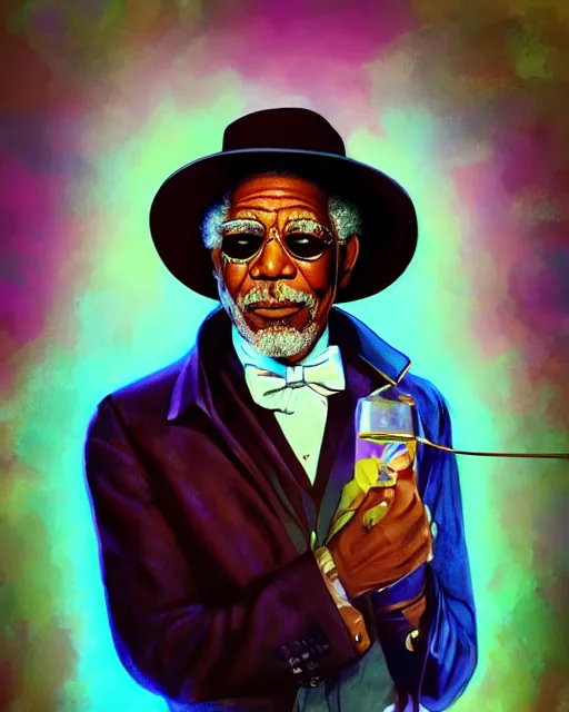 Image similar to Morgan Freeman as Willy Wonka, digital illustration portrait design, detailed, gorgeous lighting, wide angle dynamic portrait